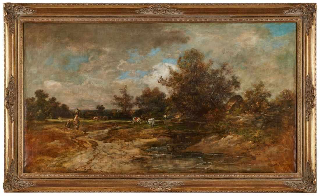 Gemälde Anton Burger 1824 Frankfurt - 1899 Kronberg "Landschaft mit Gehöft und Personenstaffage"