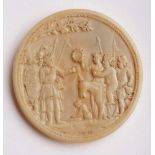 Rundes Relief "Bacchus und König Midas", flämisch 17. Jh. Elfenbein, fein geschnitzt. Dosendeckel m.