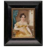 Gr. Miniatur "Sitzende Dame in gelbem Kleid", sign. J. William, England 19. Jh. Tempera auf