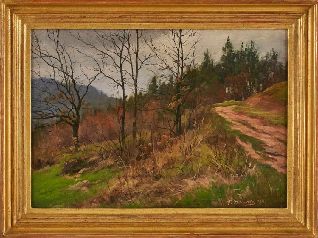 Gemälde Hanny Franke 1890 Koblenz - 1973 Frankfurt "Vorfrühling im Taunus - Weg zum Sandplacken"