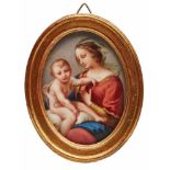 Ovale Miniatur "Maria mit Kind", Thüringen 2. Hälfte 19. Jh. Porzellan. Aufgesetzter profil. gold