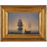 Gemälde Englischer Marinemaler 19. Jh. "Abendstimmung auf ruhiger See" Öl/Holz, 18 x 25 cm