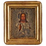 Ikone Moskau 19. Jh. "Christus Pantokrator" vergoldetes Silberoklad dat. 1869, 84er Silbermarke,