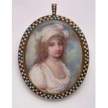 Miniatur Junge Dame in Weiß, wohl um 1800. Gouache auf Elfenbein. Hoch-ov. Portrait einer jungen