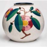 Gr. Kugelvase, Art Deco, Amphora um 1920. Heller Scherben, weiß glasiert, farbig glasiertes Dekor.