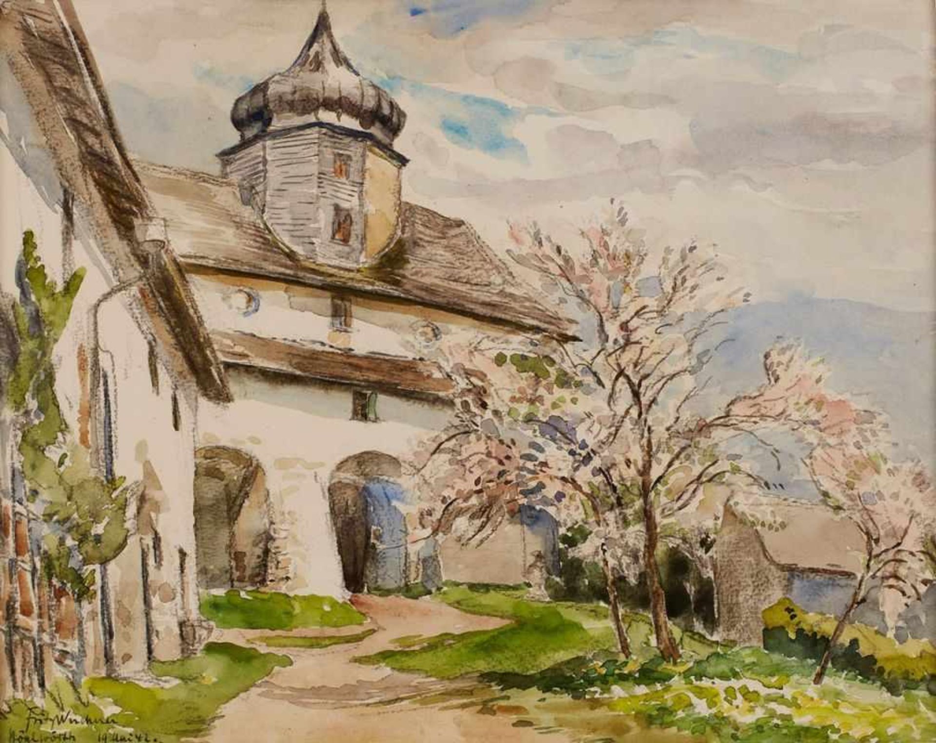 Aquarell Fritz Wucherer 1873 Basel - 1948 Kronberg "Kloster Höglwörth im Sommer" u. li. sign. bez.