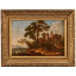 Gemälde Landschaftsmaler 18. Jh. "Flußlandschaft mit Ruine und Hirtenszene" Öl/Lwd., 35 x 52 cm