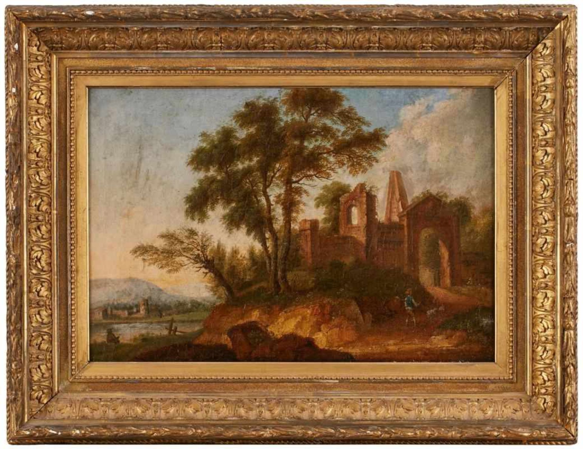 Gemälde Landschaftsmaler 18. Jh. "Flußlandschaft mit Ruine und Hirtenszene" Öl/Lwd., 35 x 52 cm