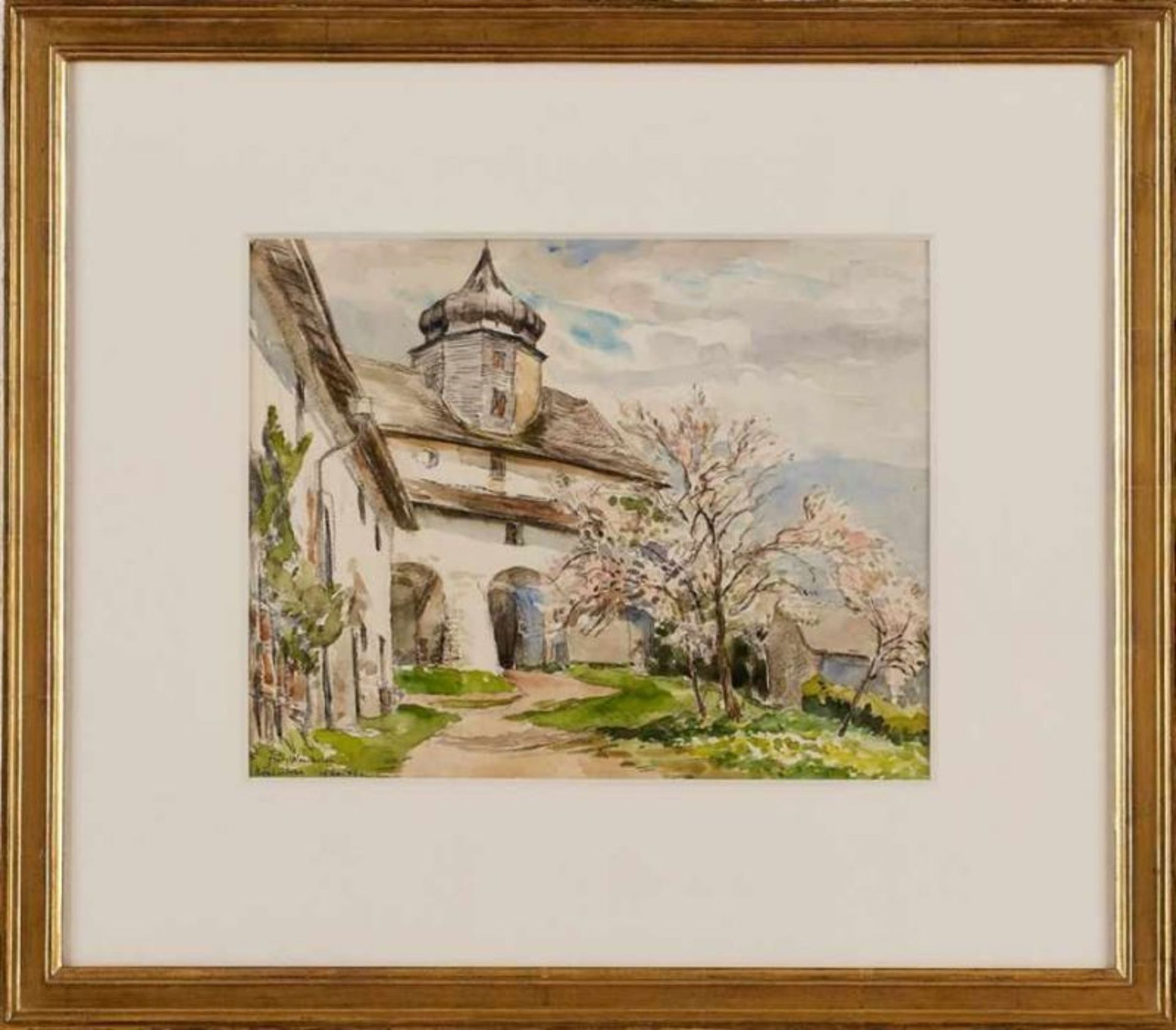 Aquarell Fritz Wucherer 1873 Basel - 1948 Kronberg "Kloster Höglwörth im Sommer" u. li. sign. bez. - Bild 4 aus 6