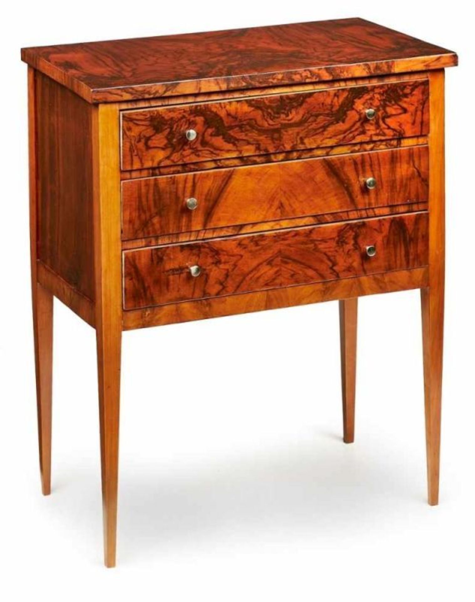 Pfeilerkommödchen, Biedermeier-Stil, süddt. 19. Jh. Nussbaum furn. Gerade Front, 3-schübig. - Bild 3 aus 3