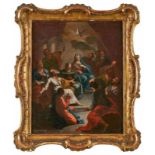 Gemälde Sakralmaler um 1800 "Anbetungsszene mit Maria, den Aposteln und dem Heiligen Geist" Öl/Lwd.,