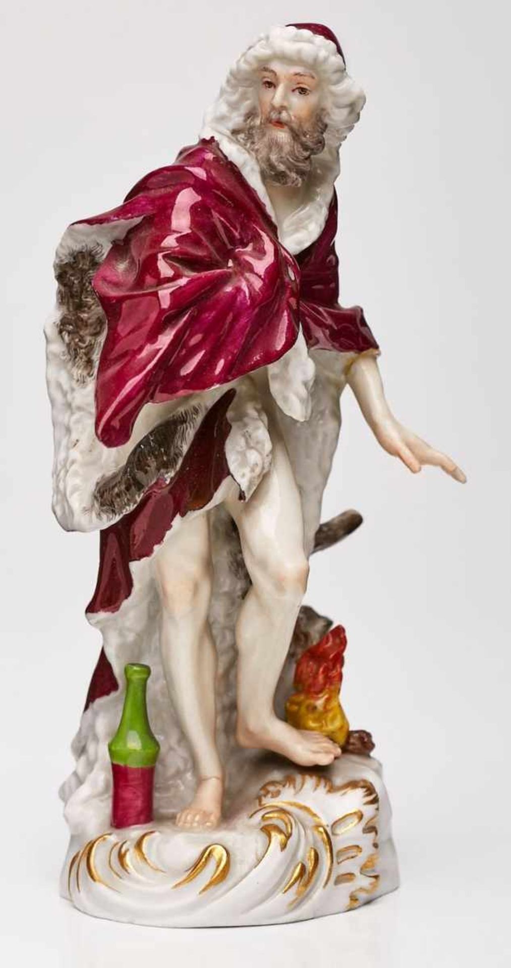 "Der Winter", Meissen Ende 19. Jh. Entw.: Fr. E. Meyer. Bewegte bärtige Standfigur in Pelz-