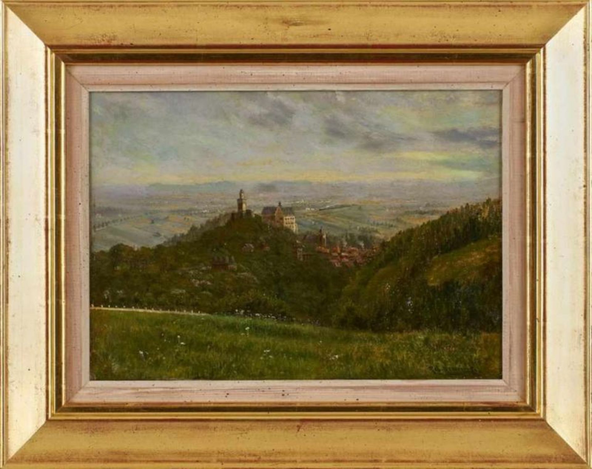 Gemälde Robert Henning 1875 Frankfurt, gest. 1930 "Kronberg mit Dampfeisenbahn in der Ebene" u. - Bild 3 aus 3