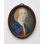 Miniatur Herrenportrait, wohl England 18. Jh. Gouache auf Elfenbein. Hoch-ov. Portrait eines Herrn