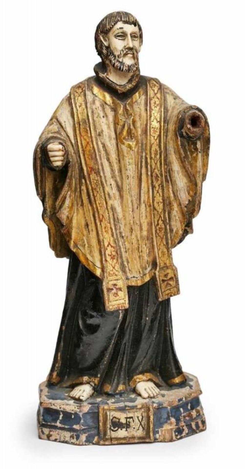 Kl. Figur "Heiliger", südländisch 19. Jh. Holz, vollrd. geschnitzt, farbig u. partiell gold - Bild 2 aus 3