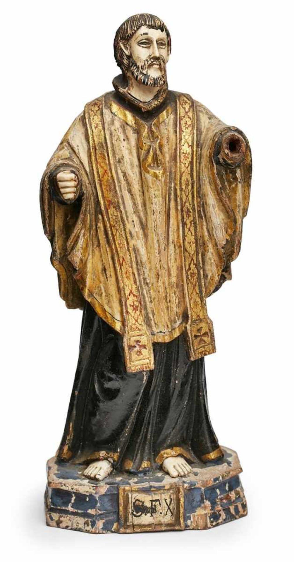 Kl. Figur "Heiliger", südländisch 19. Jh. Holz, vollrd. geschnitzt, farbig u. partiell gold