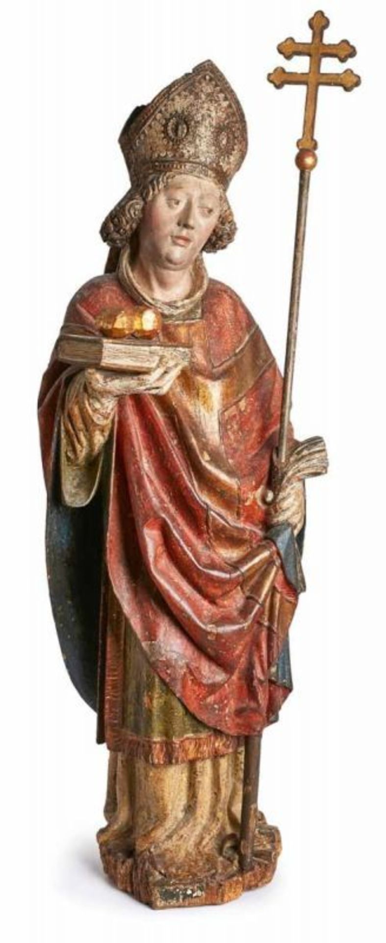 Hl. Nikolaus, süddt. 17. Jh. Lindenholz, vollrd. geschnitzt, farbig gefasst u. vergoldet. Standfigur - Bild 3 aus 6