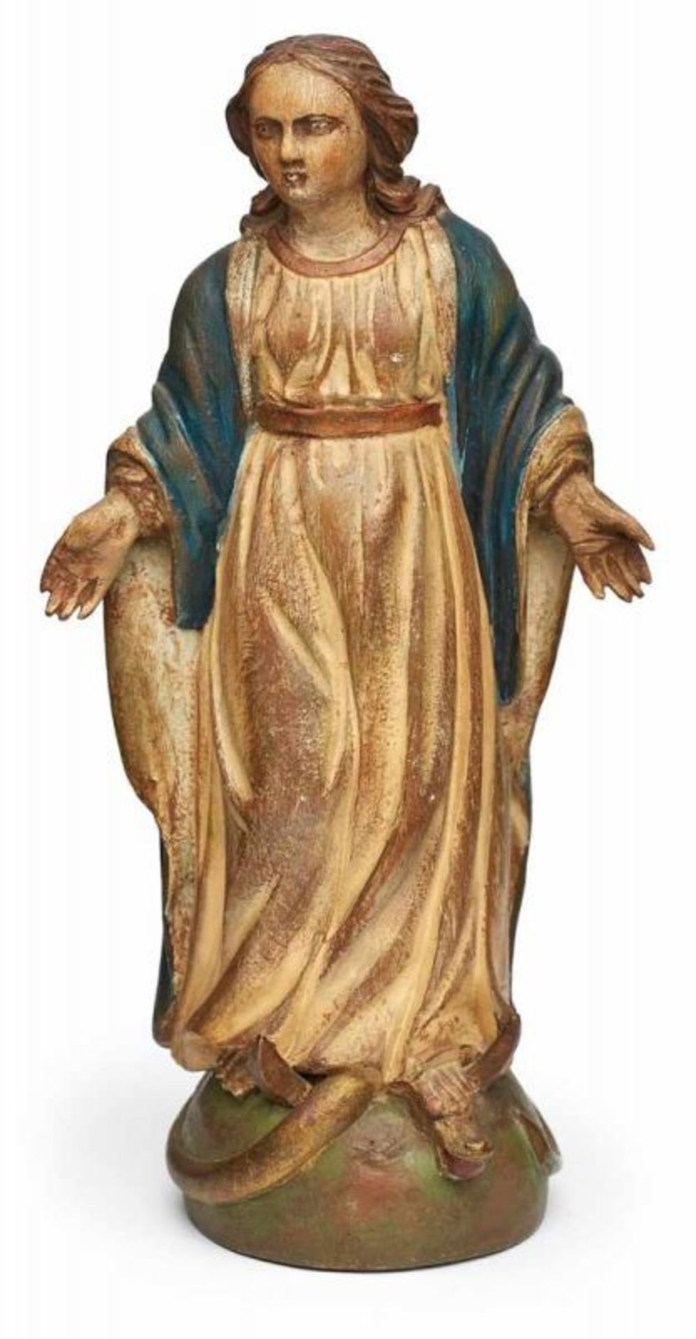 Kl. Figur "Maria Immaculata", alpenländisch 19. Jh. Nadelholz, bunt u. gold bemalt. Auf Weltkugel u. - Bild 2 aus 3