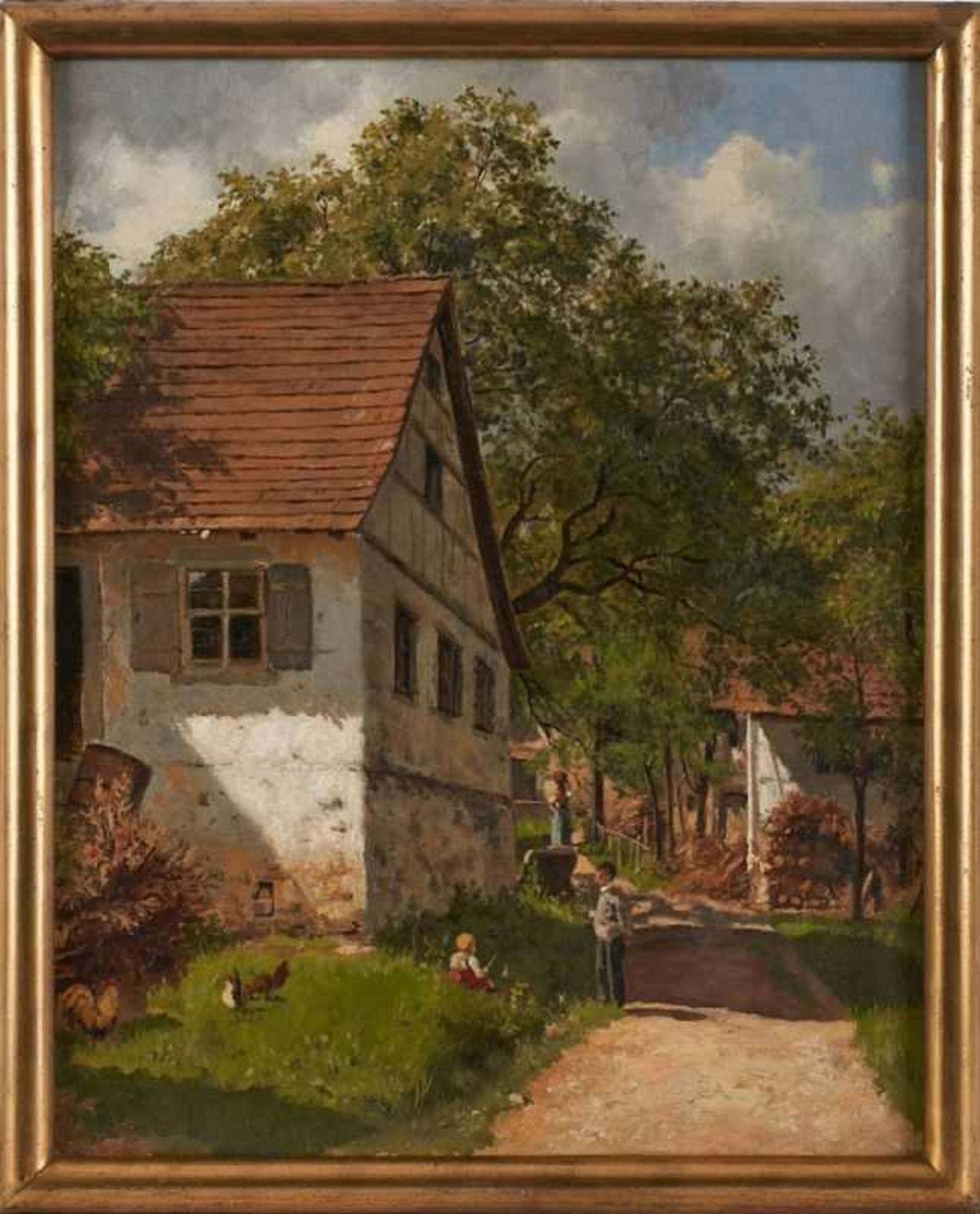 Gemälde Paul von Ravenstein 1854 Breslau - 1938 Karlsruhe "Dorfgarten in Ebersteinburg" u. li.