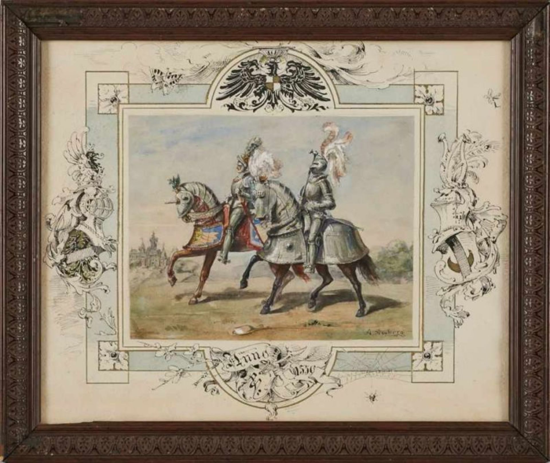 Aquarell mit Deckweiß Adolph Amberg 1874 Hanau - 1913 Berlin "Ritter in voller Rüstung zu Pferd" - Bild 2 aus 3