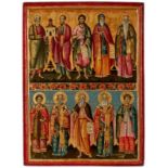 Ikone Griechenland um 1800 "Zweifelderikone mit 10 Heiligen" Temperamalerei und Vergoldung auf