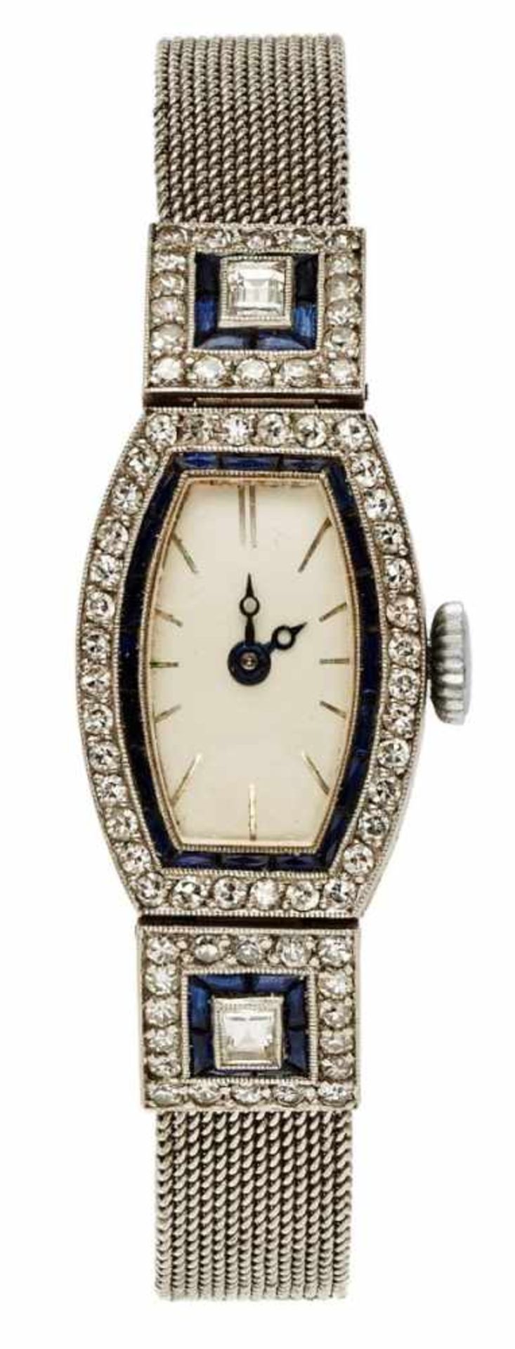 Damenarmbanduhr Art-Deco um 1920 Platingehäuse und -band, Zifferblatt umgeben von 36