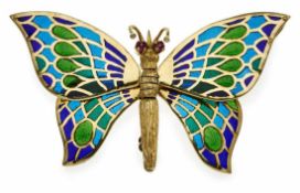 Schmetterlingsbrosche/ -anhänger 14 kt GG, Flügel mit Fensteremaille in verschiedenen Blau- und