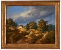 Gemälde Landschaftsmaler des 19. Jh. "Gebirgslandschaft mit Staffage" u. re. unleserlich sign. Öl/