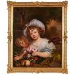 Gemälde Bildnismaler um 1830-40 "Zwei Mädchen mit Obst, Blumen und einem Papagei vor einer