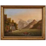 Gemälde Landschaftsmaler 19. Jh. "Blick auf die Tellskapelle am Vierwaldstättersee" Öl/Lwd., 37 x 50