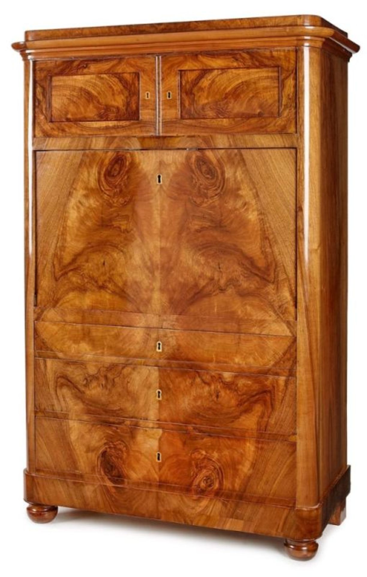 Biedermeier-Sekretär, süddt. um 1830. Wurzelnussbaum furn. Front m. 3 Schüben, Schreibklappe