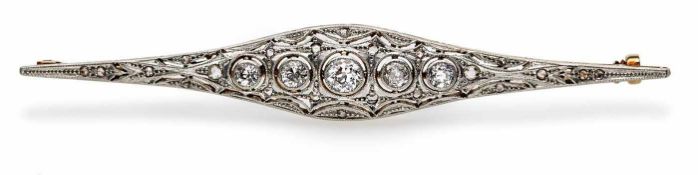 Art-Deco-Diamantbrosche um 1920 14 kt GG mit Silber besetzt mit 5 aneinandergereihten Altschliff-