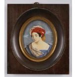 Miniatur "Dame mit Turban", sign. Orloff, um 1820. Gouache auf Elfenbein. Ovale Darstellung einer