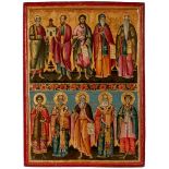 Ikone Griechenland um 1800 "Zweifelderikone mit 10 Heiligen" Temperamalerei und Vergoldung auf