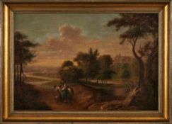 Gemälde Genremaler um 1800 "Flusslandschaft mit Personenstaffage" Öl/Lwd. auf Platte, 50 x 73,5 cm