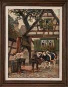 Gemälde Carl Coester 1881 Brilon - 1965 Karlstein Genre- u. Tiermaler. "An der Tränke im Dorf" u.