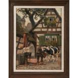 Gemälde Carl Coester 1881 Brilon - 1965 Karlstein Genre- u. Tiermaler. "An der Tränke im Dorf" u.