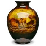 Gr. Vase mit Kükenmotiv, Weller Keramik 1. Hälfte 20. Jh. Roter Scherben, dkl.braun glasiert. u.