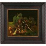 Gemälde Niederlande um 1700 "Stillleben mit Früchten und Insekten" Öl/Kupfer, 25 x 29 cm