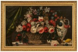 Paar Gemälde Stilllebenmaler um 1800 "Üppige Stillleben mit Blumen und Obst" Öl/Holz, je 50 x 83 cm