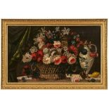 Paar Gemälde Stilllebenmaler um 1800 "Üppige Stillleben mit Blumen und Obst" Öl/Holz, je 50 x 83 cm