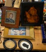 A 19th century silhouette, a portrait miniature in maple frame, and other items