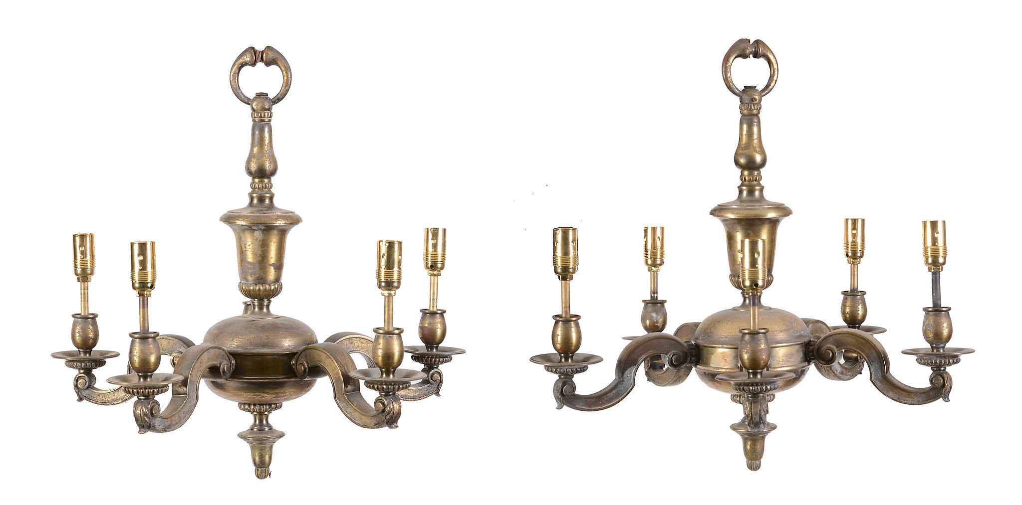 A pair of gilt brass five light chandeliers in William and Mary style