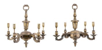 A pair of gilt brass five light chandeliers in William and Mary style