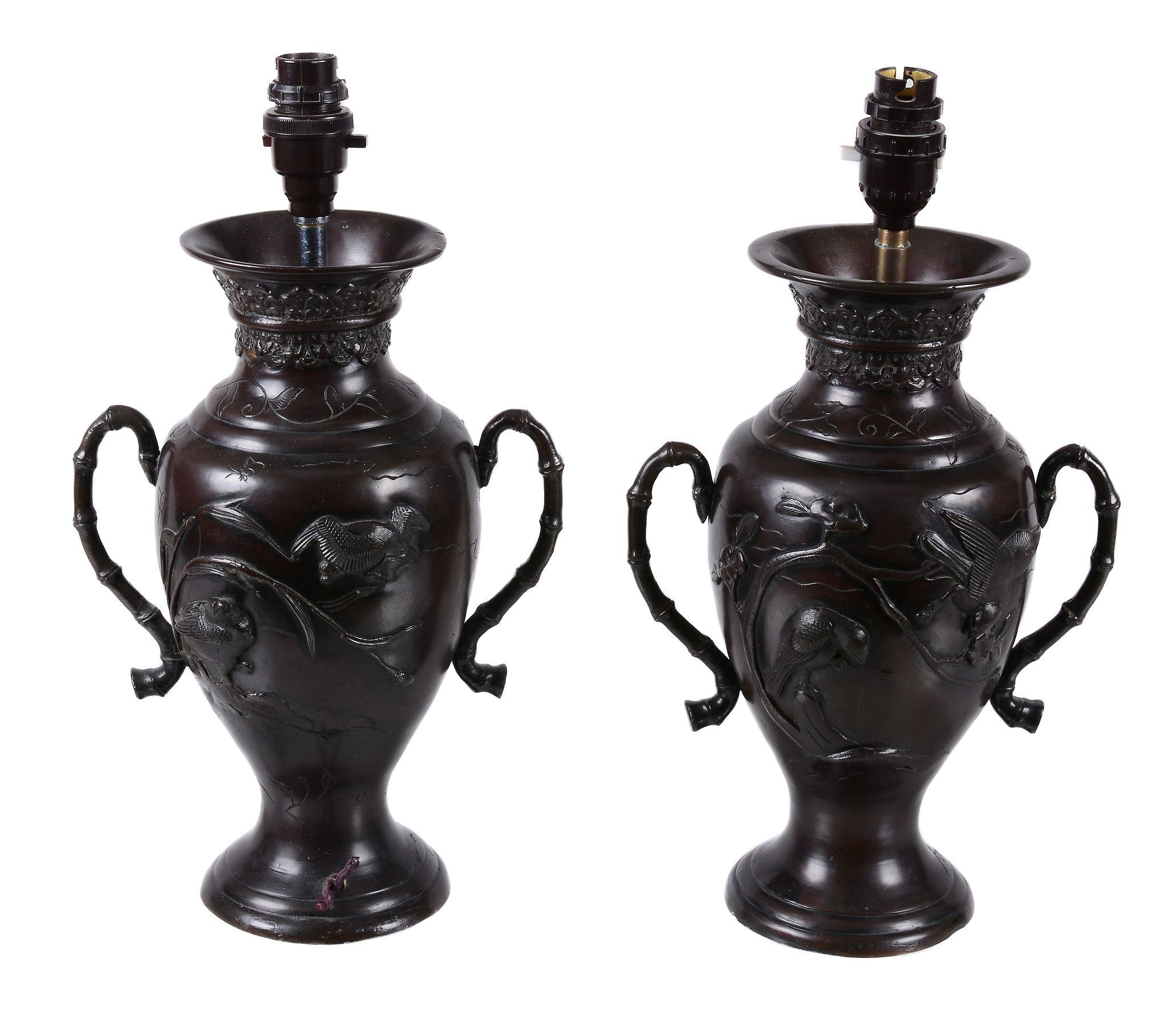 A pair of Japanese patinated metal vases fitted as table lamps - Image 2 of 3