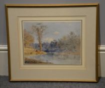 Robert Noble Fishing on the river Watercolour with white heightening