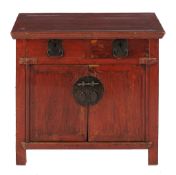 A Chinese red lacquered side cabinet, Shanghai , the underlying timber of cedar