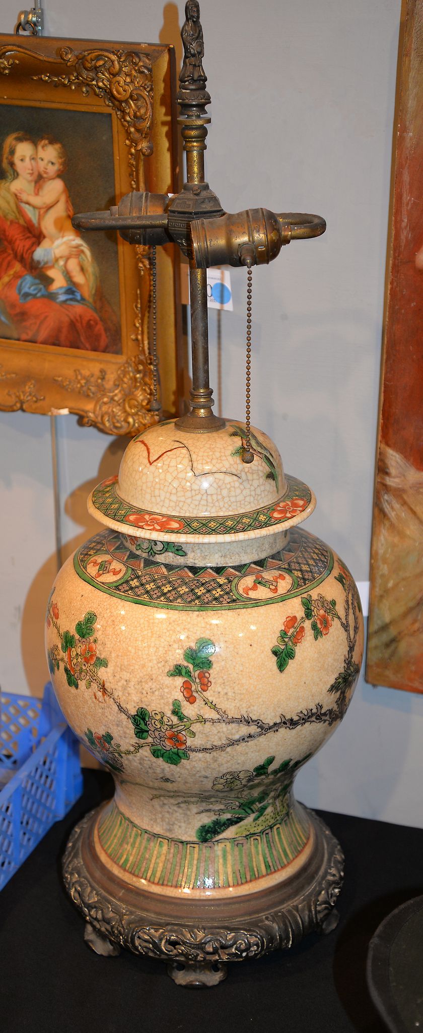 A Chinese famille verte crackle ground vase and cover, with gilt metal mounts