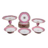 An English porcelain pink-ground and gilt part dessert service