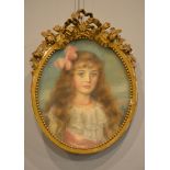 British School Portrait of a girl with a pink bow Pastel Oval: 52 x 43cm